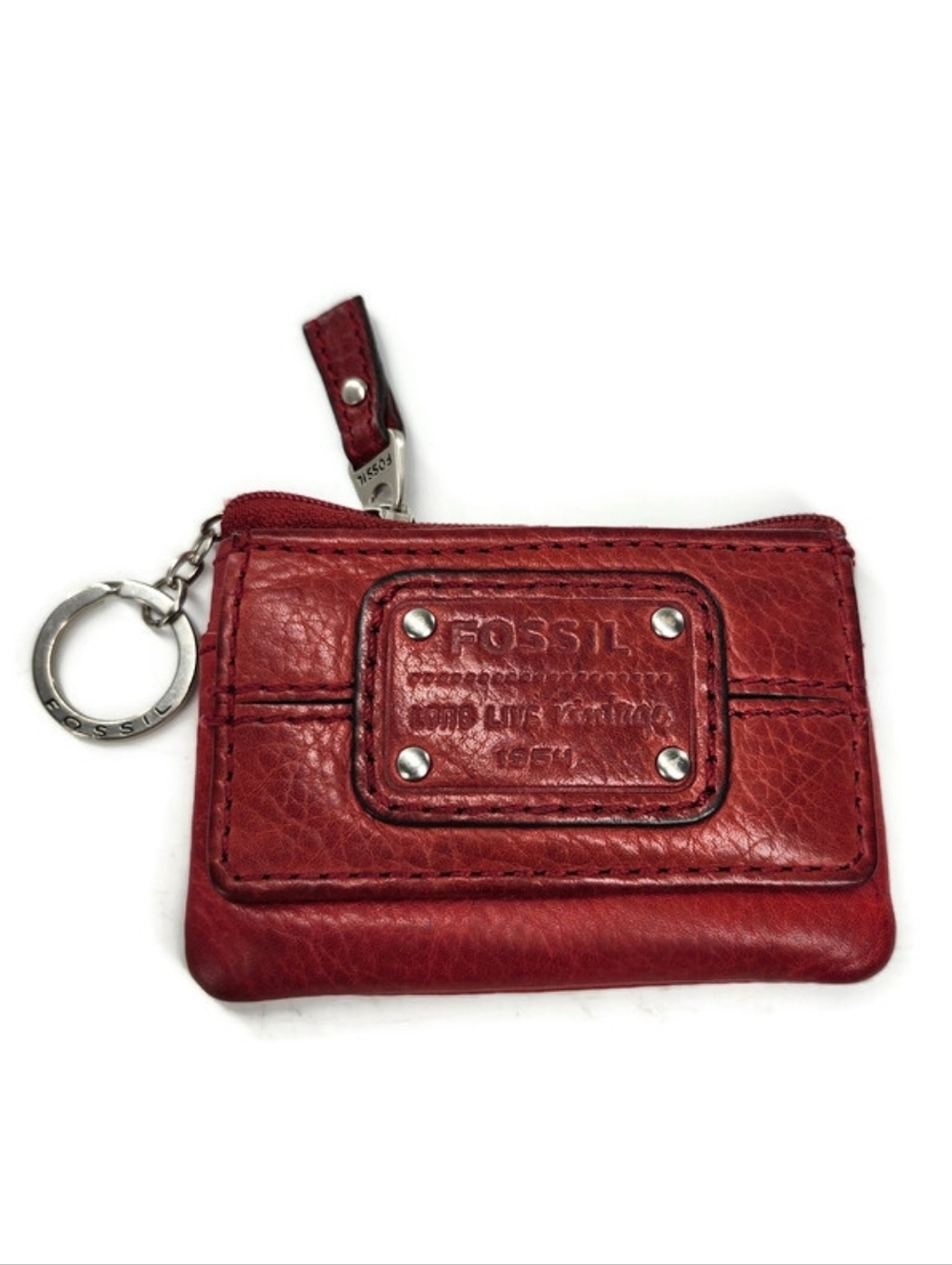 Fossil Emory Red Leather Zip Top Flap Snap Coin, Card & Key Chain Change Purse
